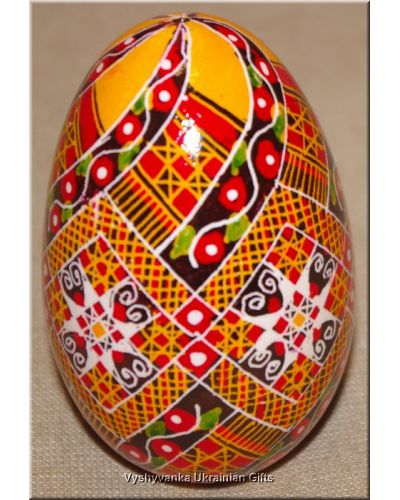 Ukrainian Goose Egg Hand Painted Pysanka — Berry, Spiral & Rushnyk