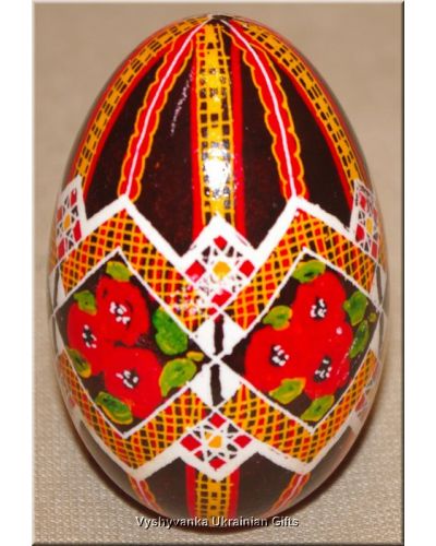 Ukrainian Goose Egg Hand Painted Pysanka — Poppy & Zigzag Crown