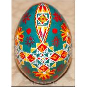 Ukrainian Pysanka Real Goose Egg — Teal Daisy Diamond Chain