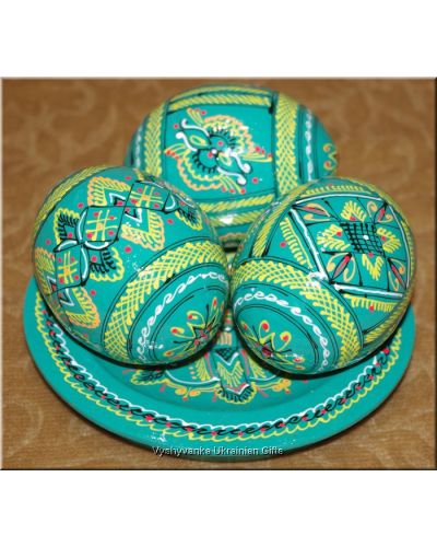 3 Wooden Ukrainian Easter Eggs Pysanky on Plate