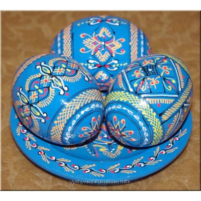 3 Wooden Ukrainian Eggs Hand Painted Pysanky on Plate