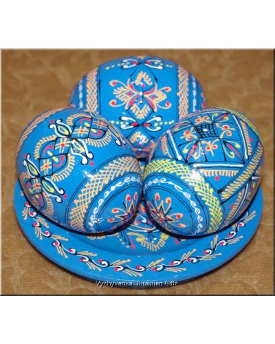 3 Wooden Ukrainian Eggs Hand Painted Pysanky on Plate