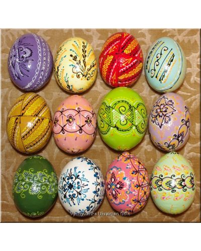 One Dozen Hand Painted Pastel Colors Wooden Pysanky Easter Eggs