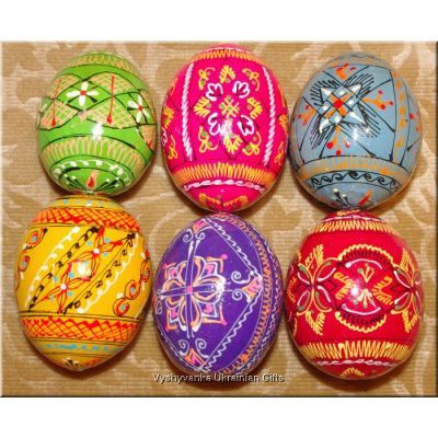 Half Dozen Hand Painted Wood Easter Eggs. Ukraine Egg Art