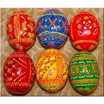 6 Hand Painted Wooden Colored Easter Eggs