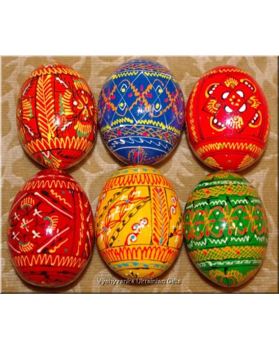 6 Hand Painted Wooden Colored Easter Eggs