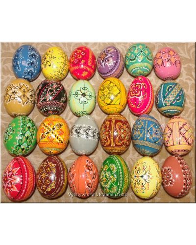 24 Ukrainian Hand Painted Wooden Pysanky Eggs