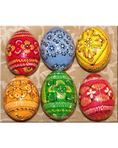 6 Hand Made Wood Pysanky Eggs from Ukraine