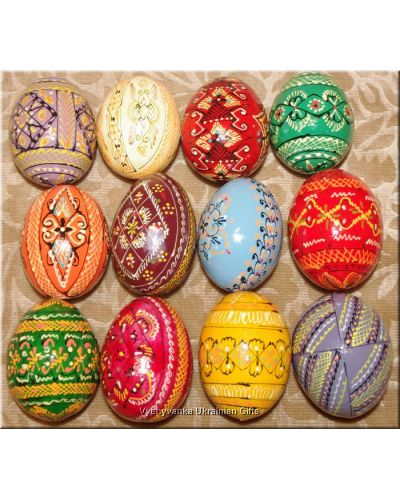 One Dozen Hand Painted Wooden Pysanky Easter Eggs