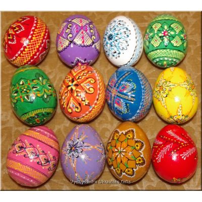 12 Hand Painted Wood Decorated Ukrainian Easter Eggs