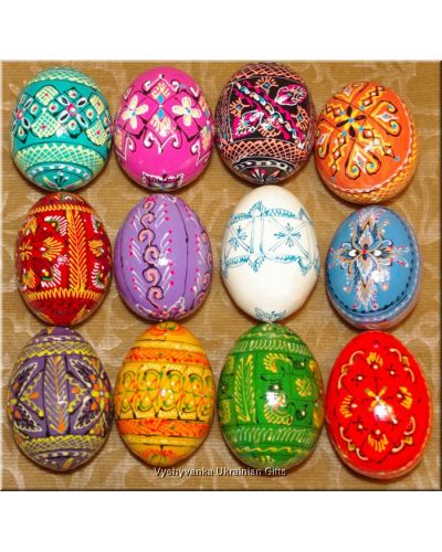 One Dozen Hand Painted Wooden Decorated Eggs