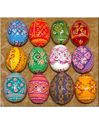 One Dozen Hand Painted Wood Pisanki Easter Eggs