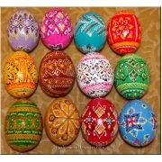 One Dozen Handpainted Wood Ukrainian Pysanky Eggs